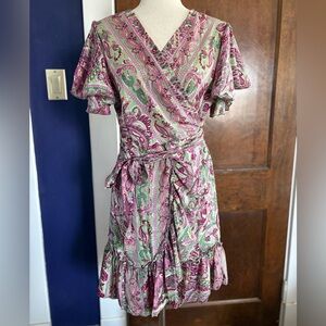Silk Kimono Short Paisley Wrap Mini Dress in Pink & Green One Size
